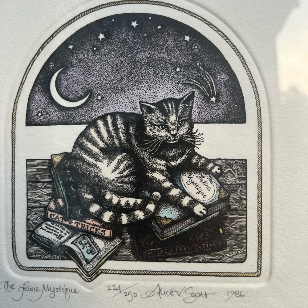 The Feline Mystique 224/250 Signed Alice V. Scott Color Etching Cat Framed As Is